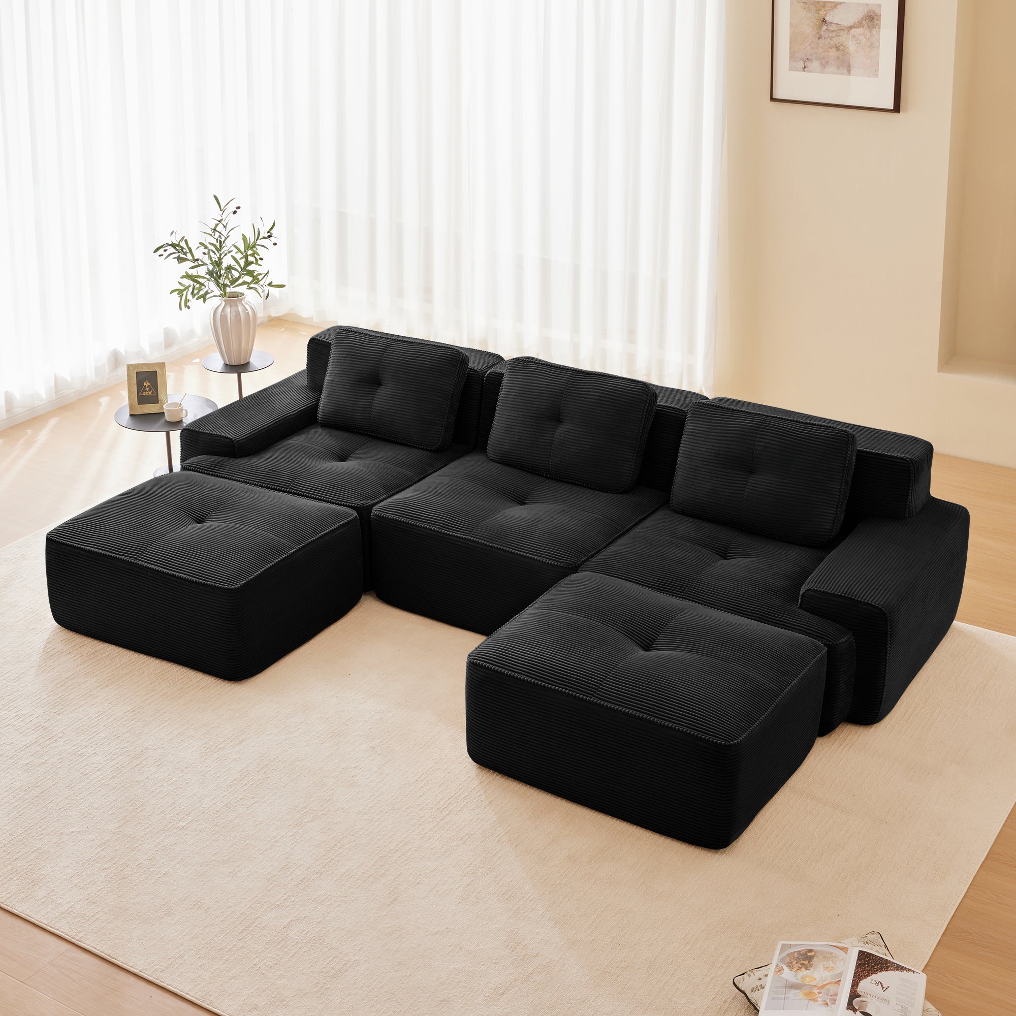 Modern Modular Sectional with Deep Seat and Movable Ottoman, Black