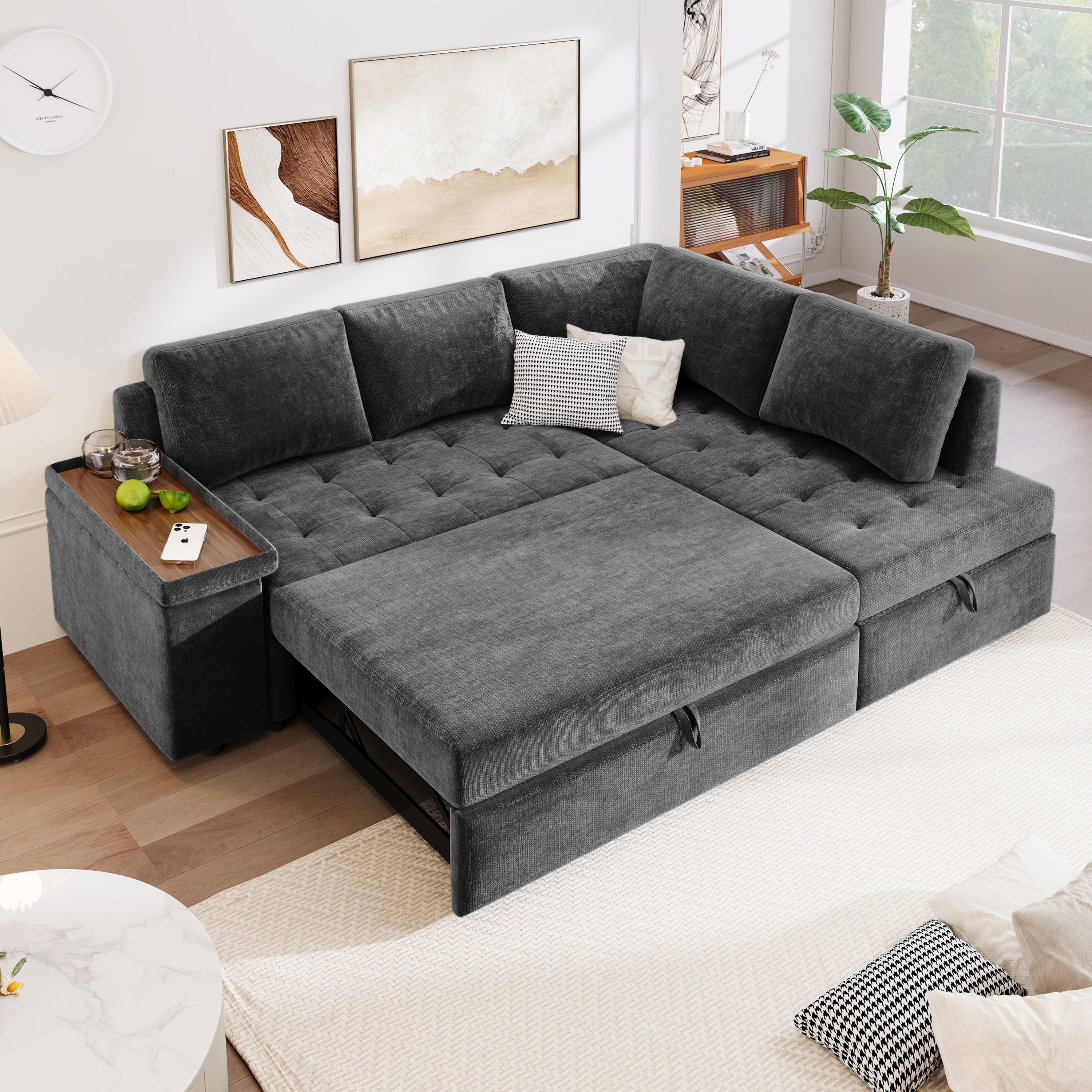 Couch with Pull Out Bed and Storage Sectional Sleeper Sofa with Hidden Storage, Wide Armrest with Storage