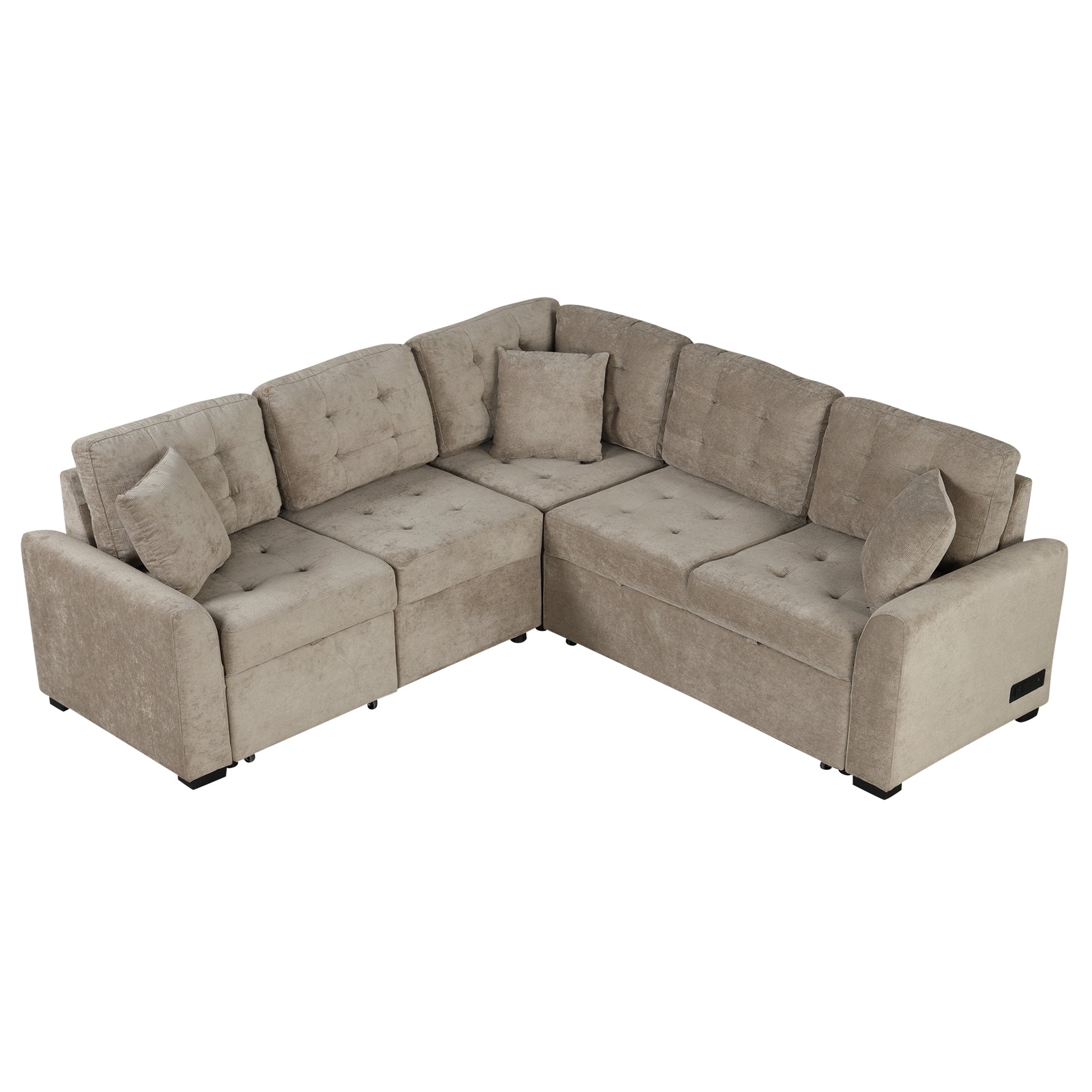 Sectional Sofa with Pull-out Sleeper, USB Ports & Power Sockets, Corded Velveteen