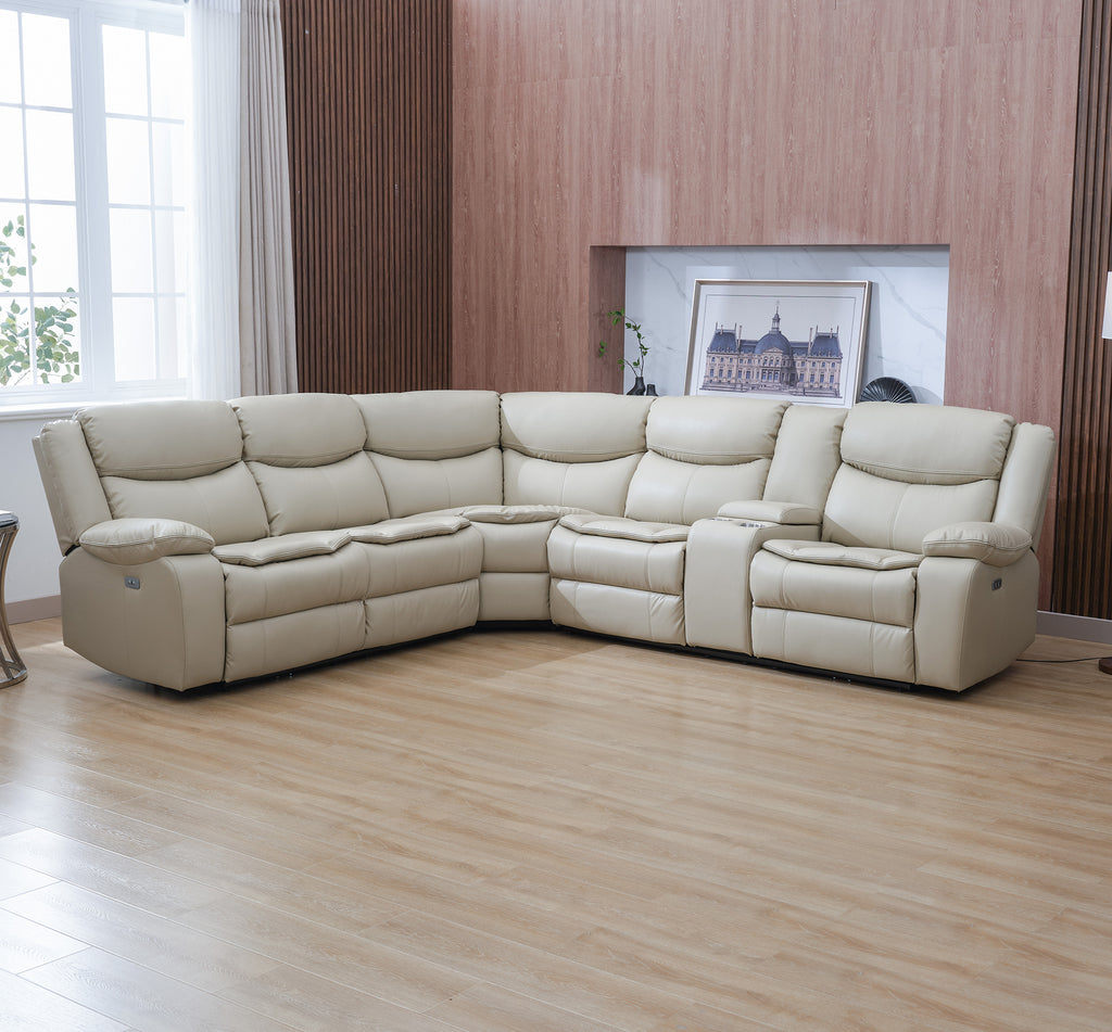 Shape Breath Leather Power Reclining Sectional Sofa Set with USB Port, Cream