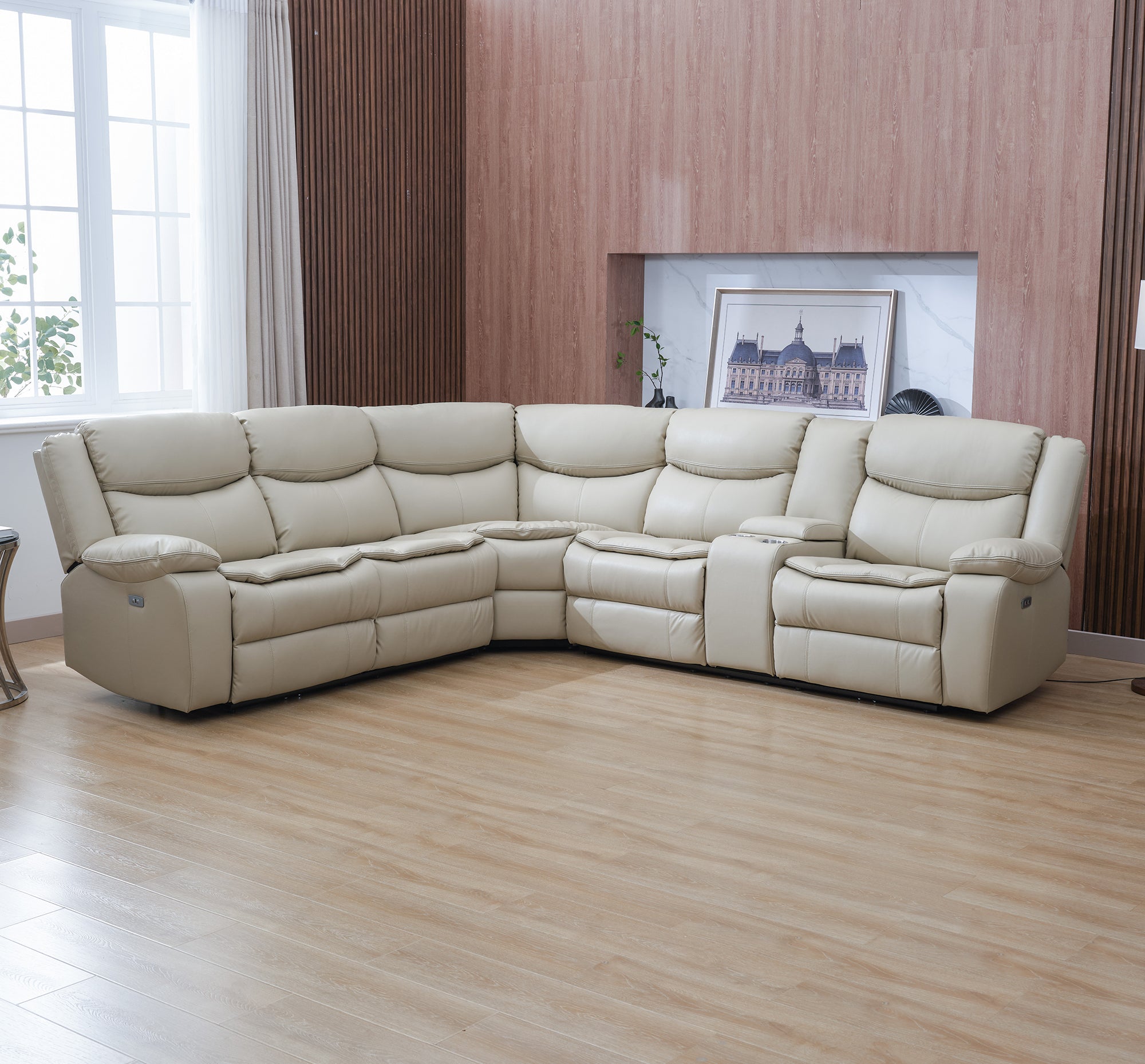 Shape Breath Leather Power Reclining Sectional Sofa Set with USB Port, Cream