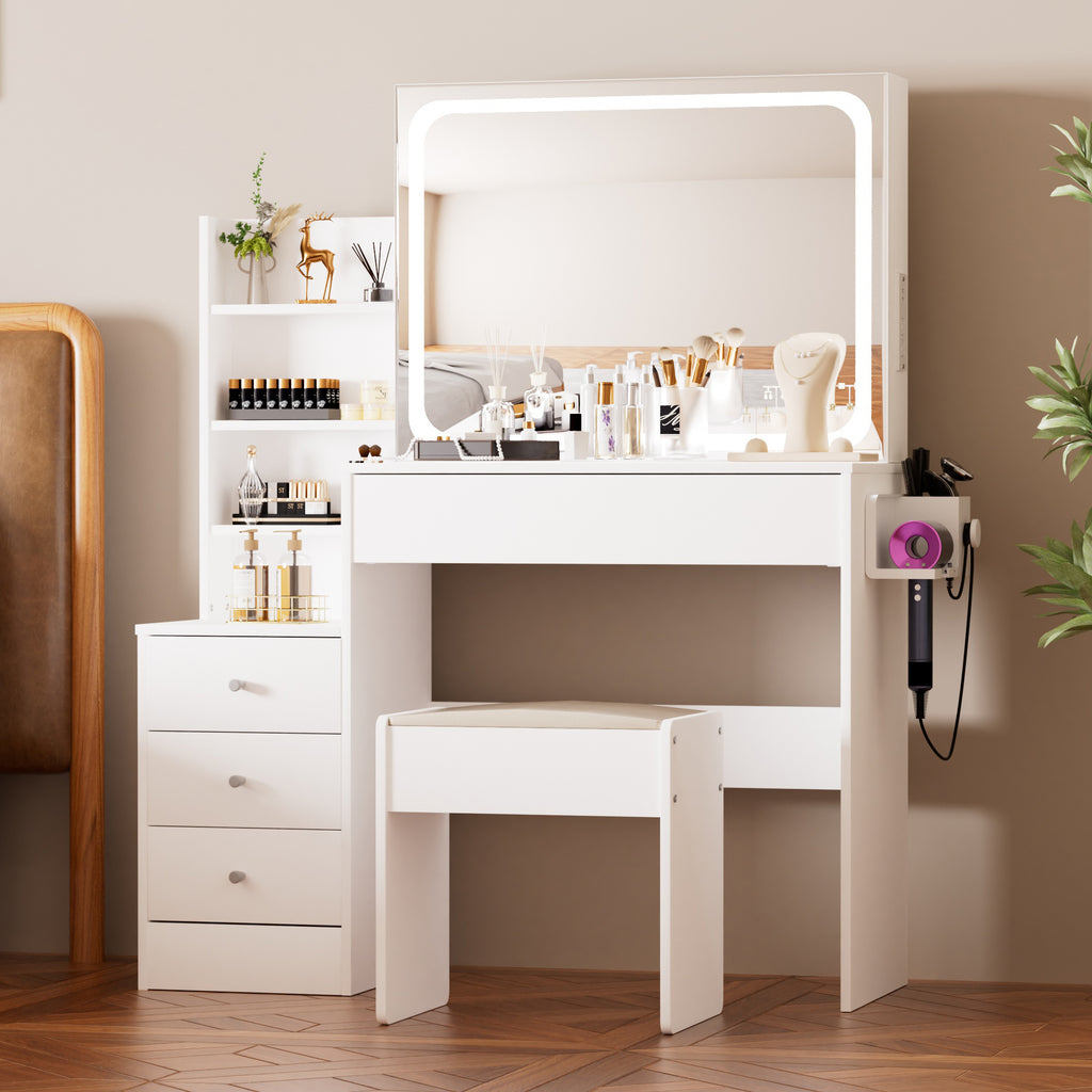 Vanity Table with LED-lit Mirror with Power Outlet and Storage Table, White