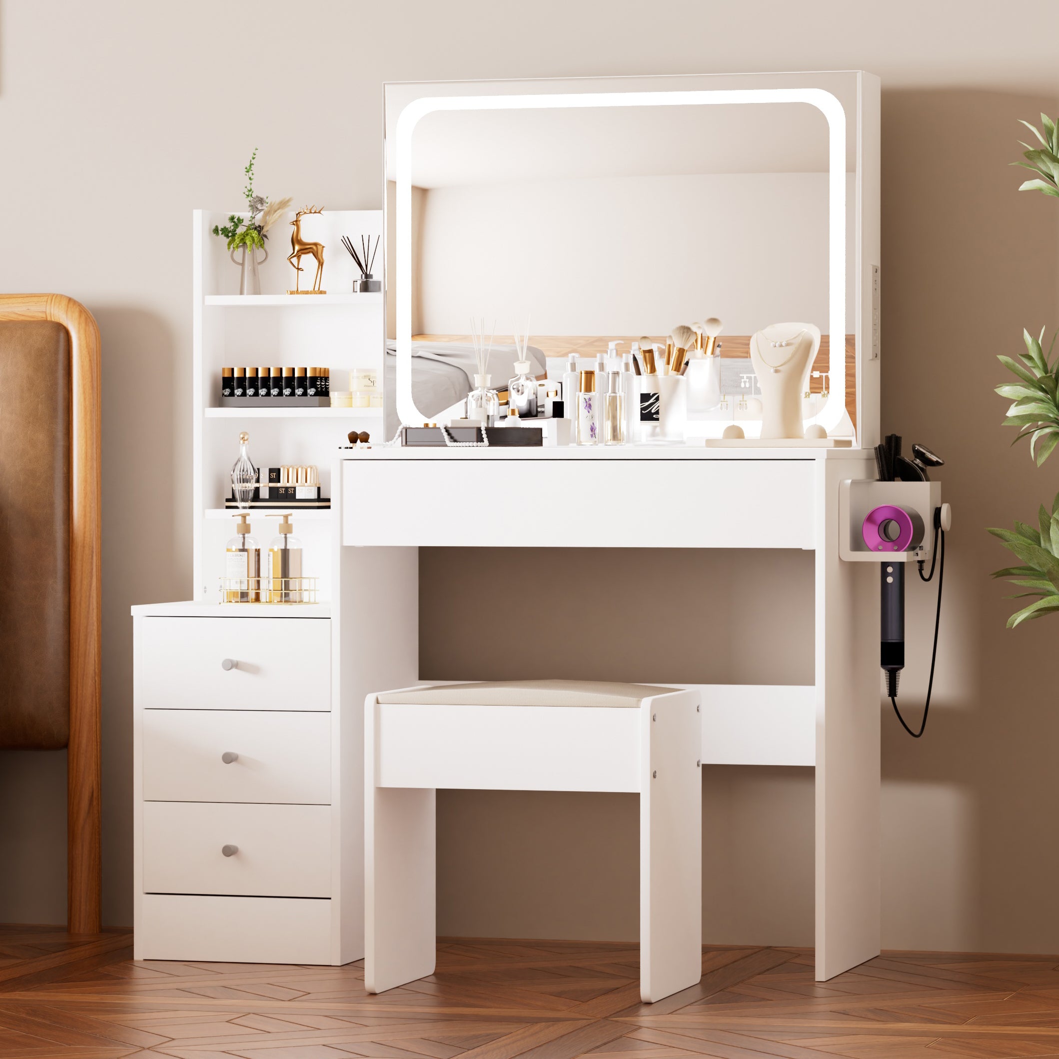 Vanity Table with LED-lit Mirror with Power Outlet and Storage Table, White