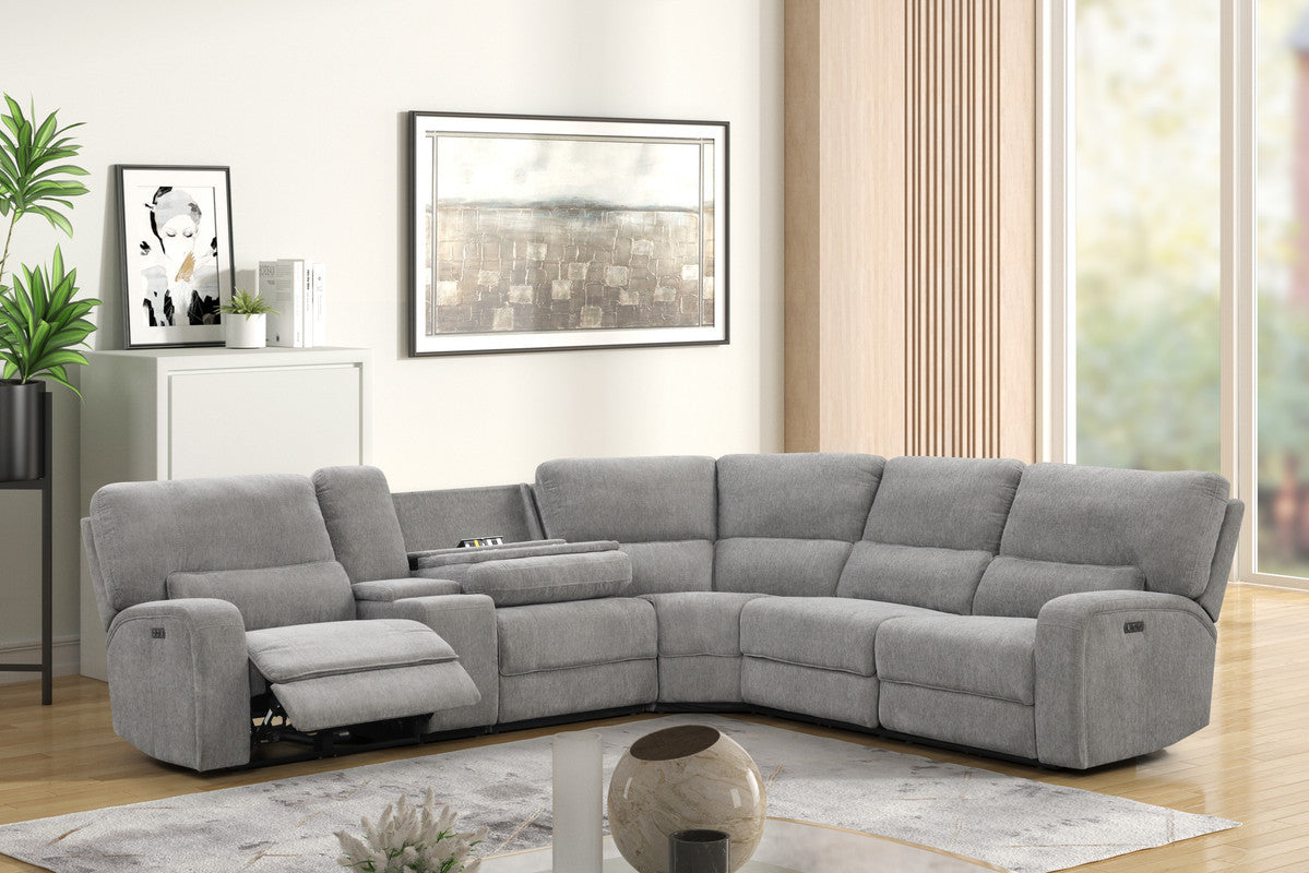 Anthony 114' Wide Light Gray Chenille Fabric Power Reclining Sectional with Power Headrest, Charging Ports, Storage, and Cupholders